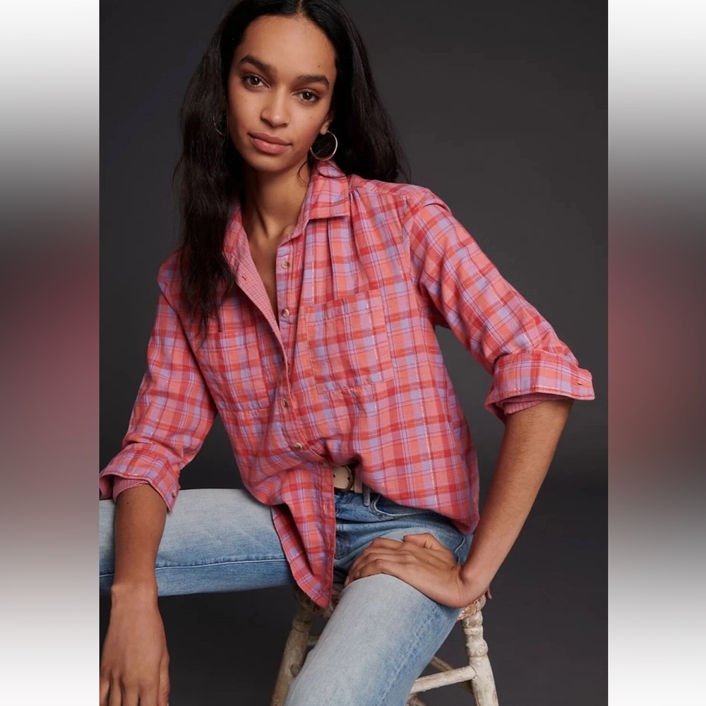 Anthropologie Seen Worn Kept Romy Pink Metallic Gold Plaid Flannel Women’s 18w